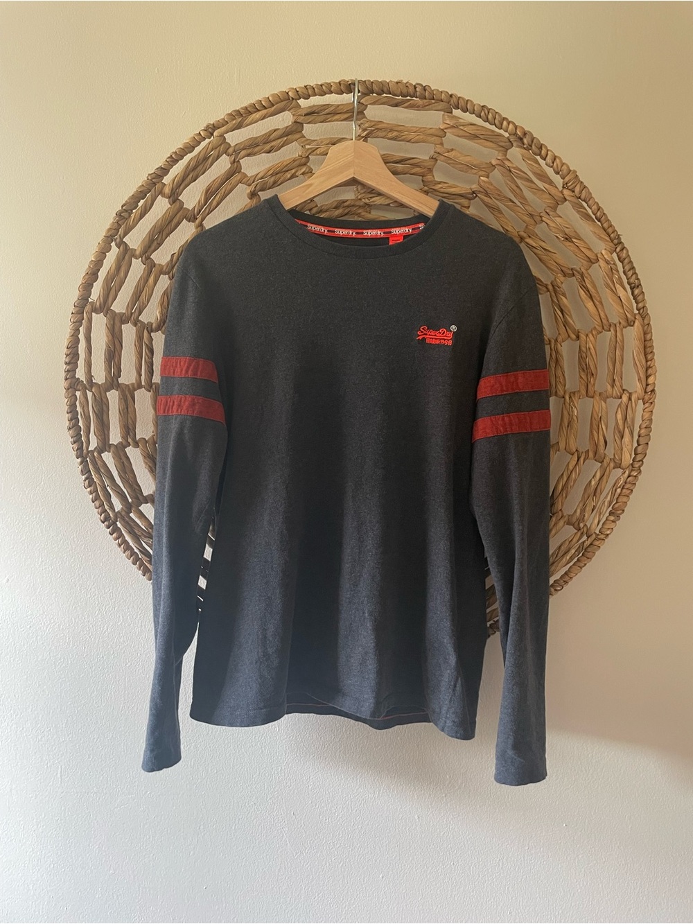 Superdry Men's Charcoal Grey Crewneck Sweater with Orange Stripe Detail